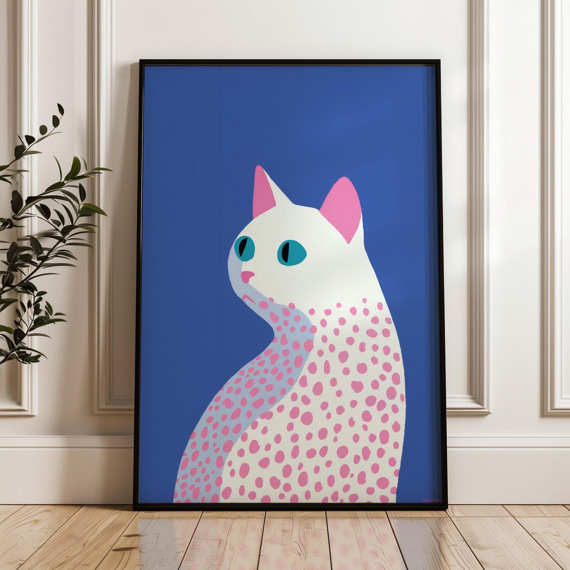 Minimal White Cat Pop Art Print With Pink Polka Dots On Blue