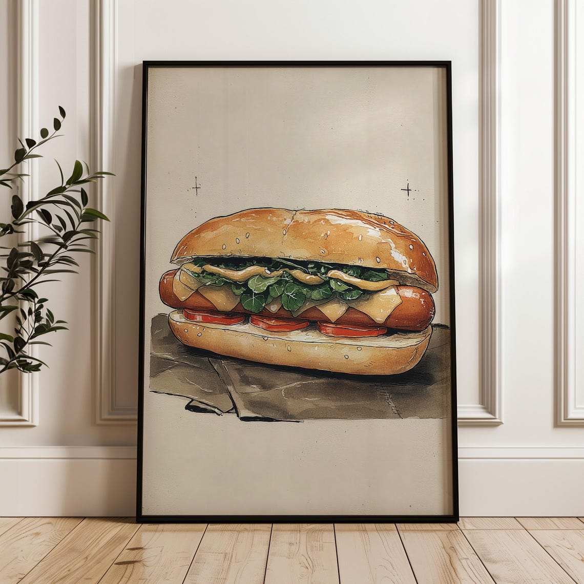 Gourmet Hot Dog With Greens Hand Drawn Watercolor Kitchen Poster
