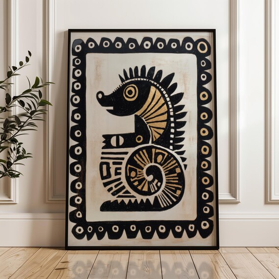Black And Gold Stylized Seahorse Tribal Folk Art Border Poster