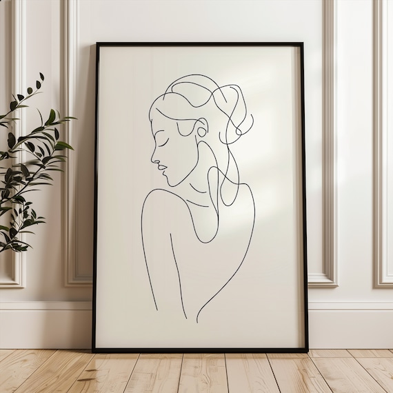 Woman Bun Hairstyle Single Line Profile Minimalist Art Poster