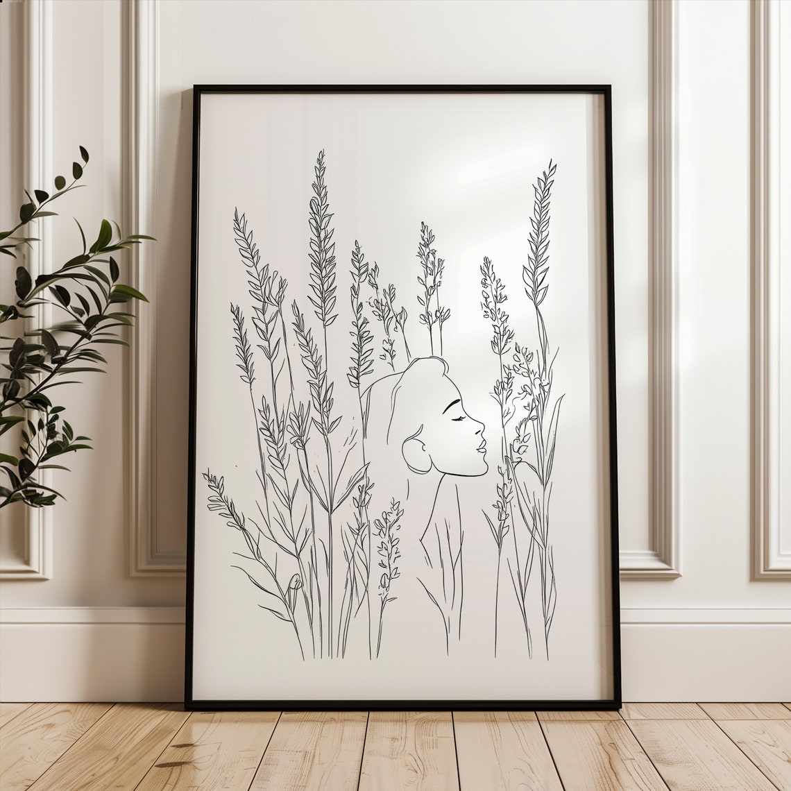 Woman Among Wheat Single Line Botanical Minimalist Art Poster