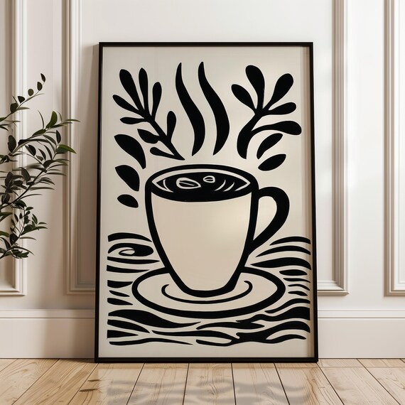 Black White Steaming Coffee Cup Botanical Minimalist Art Poster