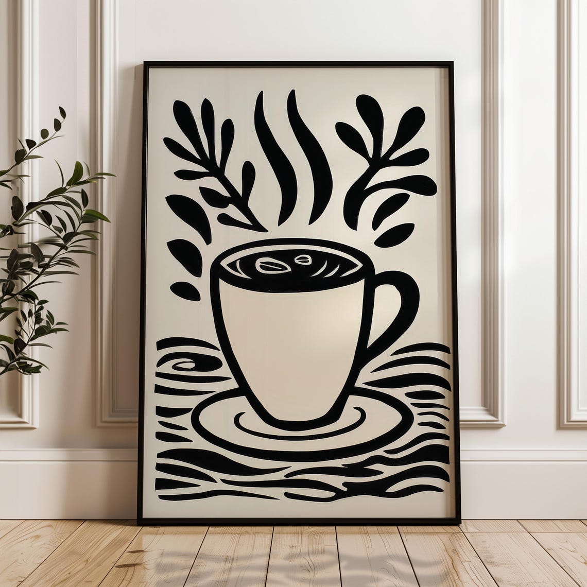 Black White Steaming Coffee Cup Botanical Minimalist Art Poster