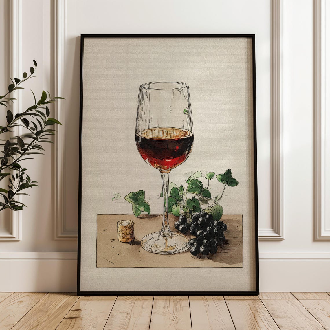 Red Wine Glass Grapes Cork Hand Drawn Kitchen Bar Illustration Poster