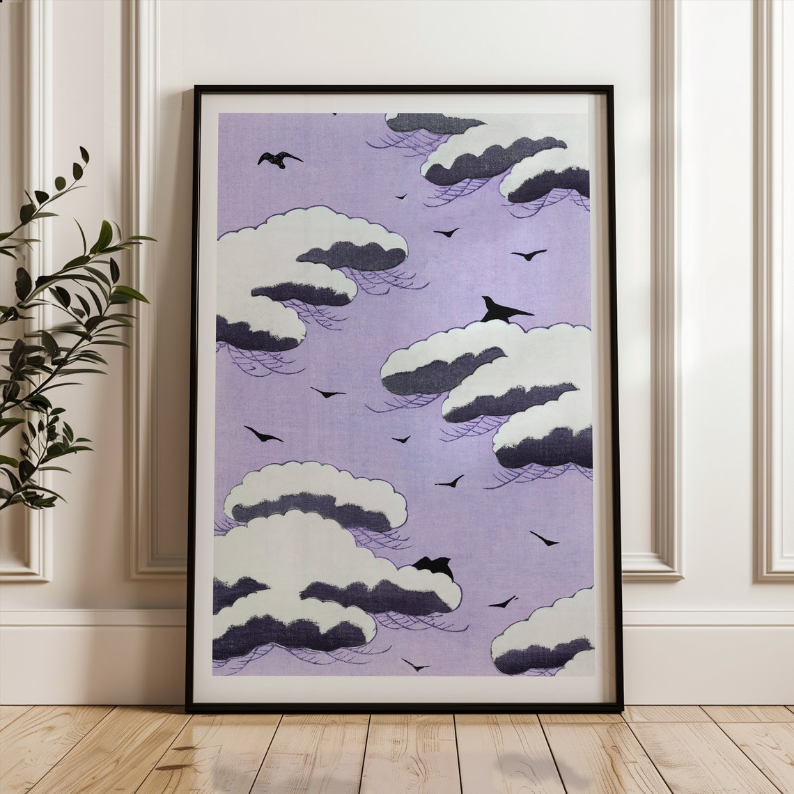 Snow Covered Pines and Crows Lavender Japanese Woodblock Style Poster
