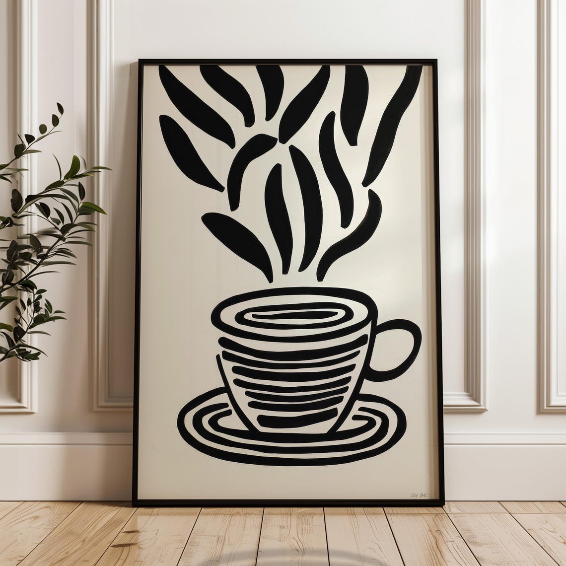 Minimalist Coffee Cup Line Art Black Beige Scandinavian Poster