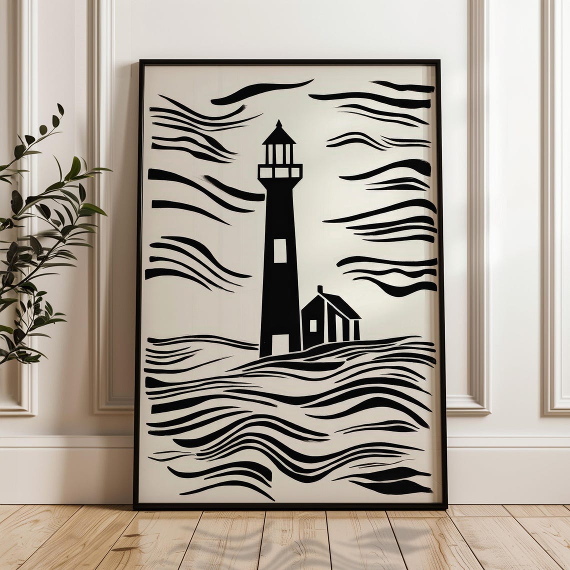 Minimalist Lighthouse Black And Beige Ocean Waves Art Poster