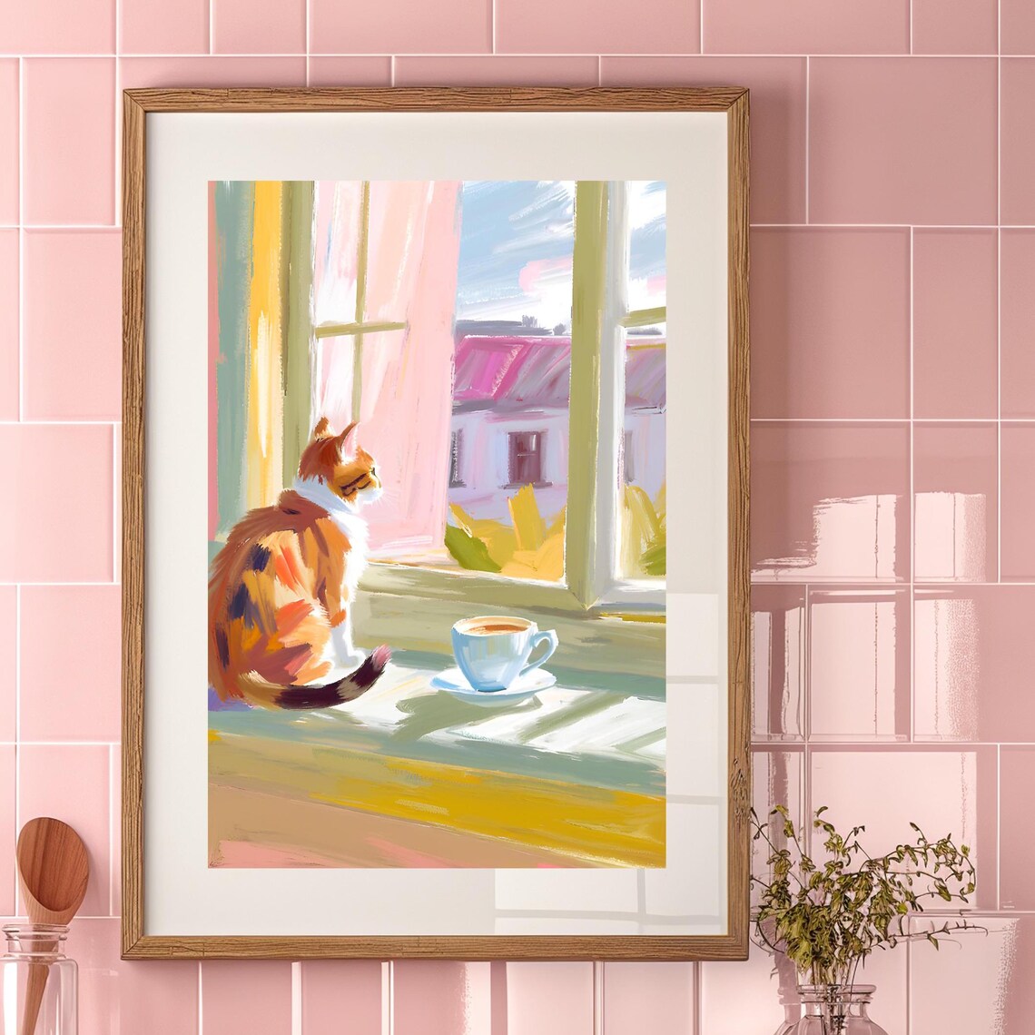 Orange Cat Coffee Break Art Print, Cozy Home Decor