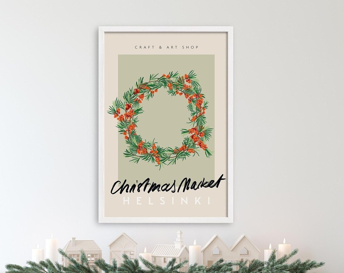Helsinki Christmas Market Red Berry Wreath Botanical Travel Poster