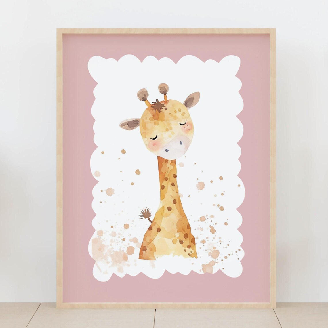 Baby Giraffe Watercolor Sleepy Eyes Blush Pink Nursery Poster