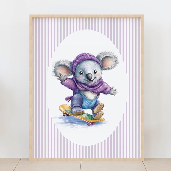 Koala Riding a Skateboard in Purple Beanie Fun Kids Nursery Poster