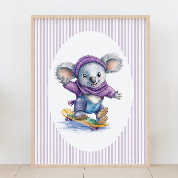 Skating Koala Wall Art Cute Animal Kids Room Poster Nursery Sports Theme Decor Baby Gift Artwork