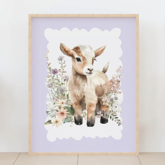 Baby Goat Wall Art Floral Farm Animal Rustic Nursery Watercolor Artwork For Kids Room Decor