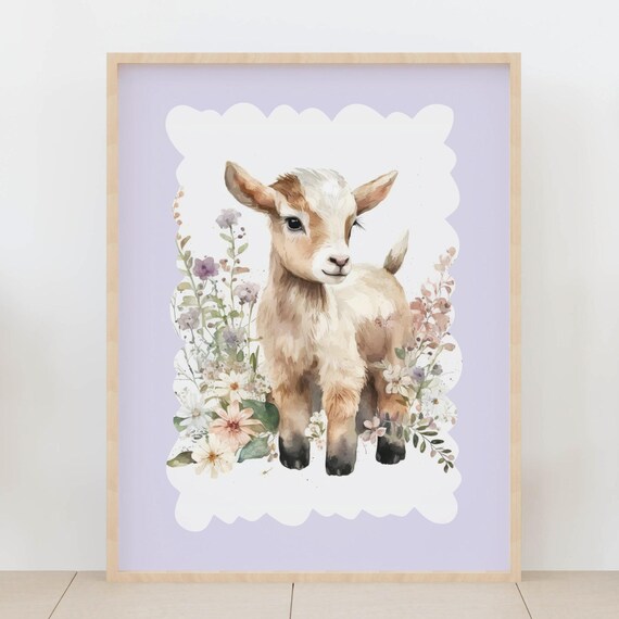 Baby Goat Watercolor With Wildflowers Rustic Farm Nursery Poster