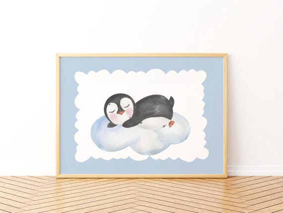 Sweet Dreams Sleeping Penguin On Cloud Watercolor Art Winter Nursery Print Gender Neutral Baby Room
