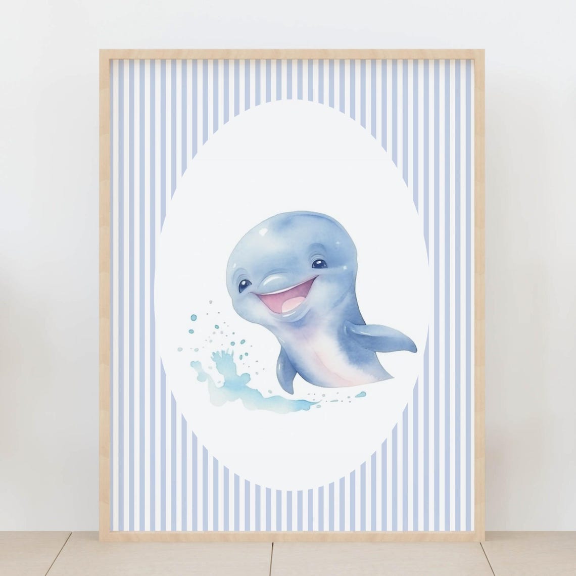 Happy Smiling Baby Dolphin Nursery Ocean Animal Striped Wall Art