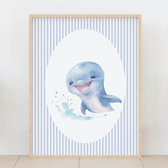 Cute Dolphin Nursery Wall Art Print Ocean Animal Baby Room Decor Blue Striped Sea Life Artwork Kids Playroom
