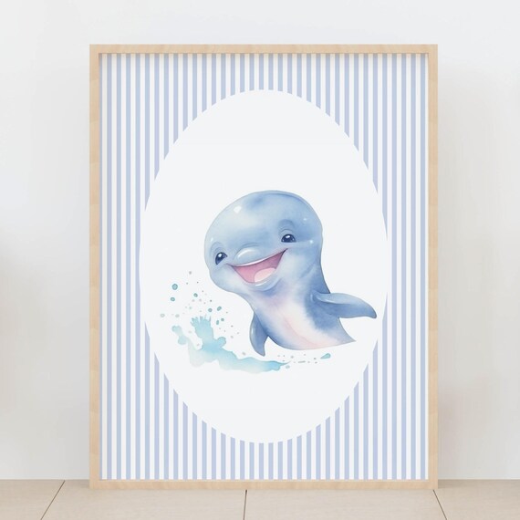 Happy Smiling Baby Dolphin Nursery Ocean Animal Striped Wall Art