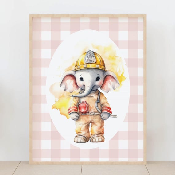 Firefighter Elephant Nursery Wall Art Cute Animal Illustration Baby Room Decor Safari Jungle Poster Kids Artwork