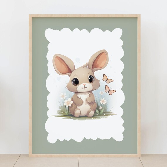 Sweet Baby Bunny Butterflies Spring Garden Floral Nursery Art Poster