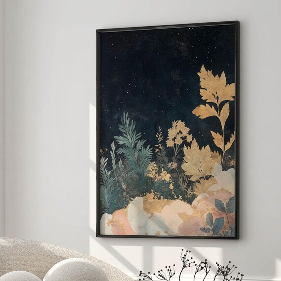 Moonlit Celestial Garden Gold Botanical Night Stars Vintage Wall Art