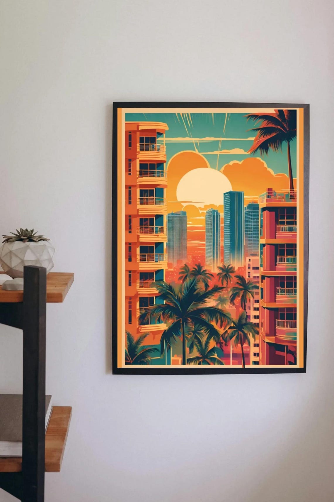 Retro Miami Skyline Sunset Art Deco Towers Palm Trees Style Print