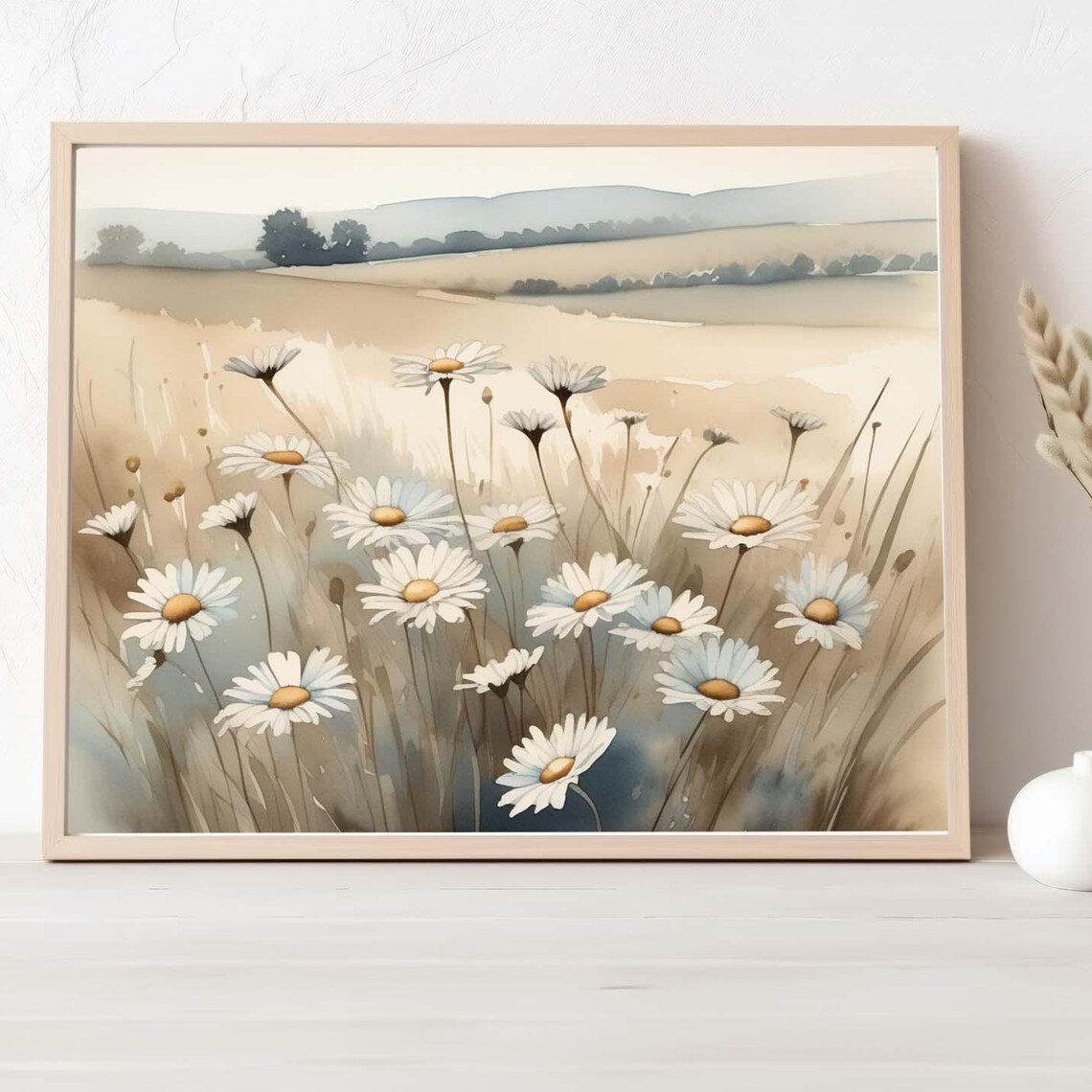 Daisy Meadow Countryside Landscape Watercolor Painting Floral Poster