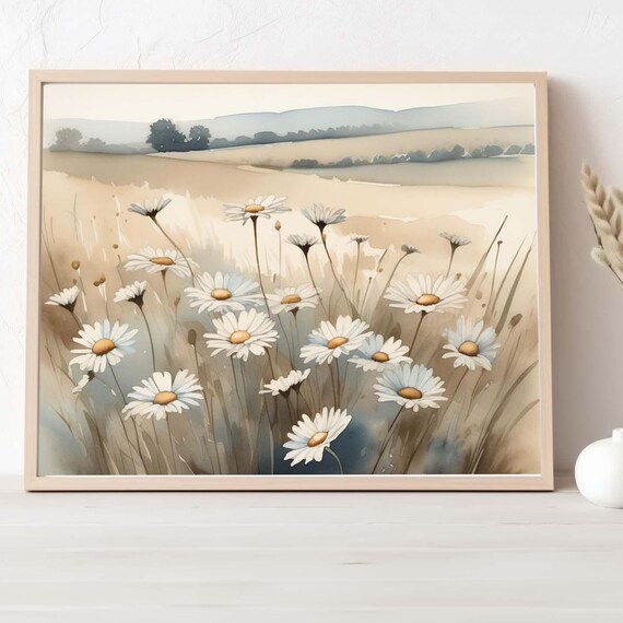 Daisy Meadow Countryside Landscape Watercolor Painting Floral Poster