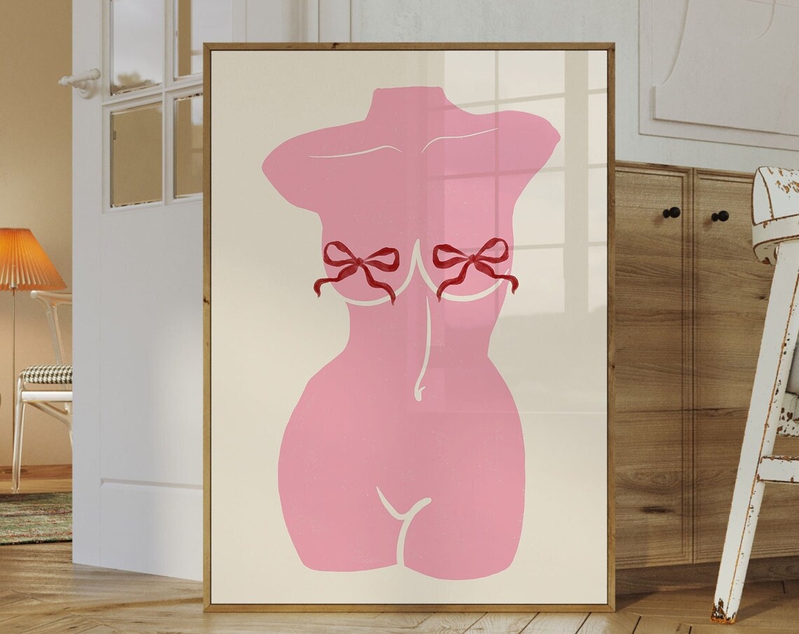 Pink Torso With Ribbons Poster, Preppy Dorm Decor
