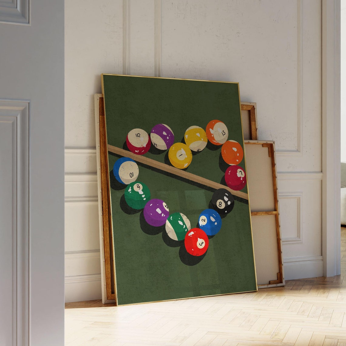 Retro Billiard Balls and Cue on Green Table Game Room Poster