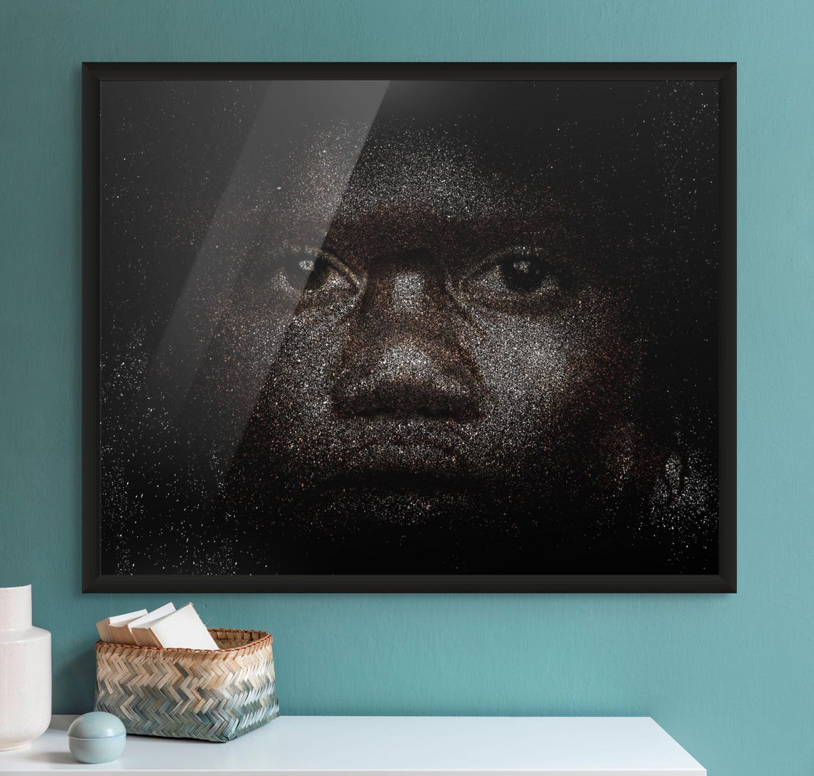 Young Child Face Formed by Glowing Particles Dark Portrait Poster