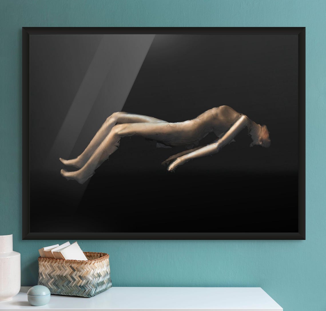 Floating Human Figure in Underwater Dark Conceptual Art Poster