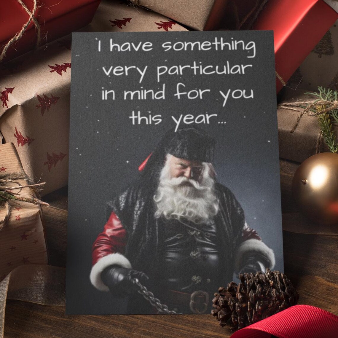 Naughty Leather Santa Christmas Card Funny Holiday Greeting Wall Art