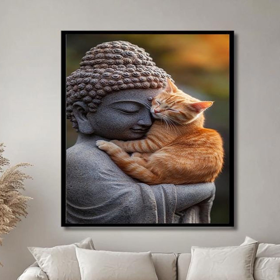 Buddha Statue With A Ginger Cat Resting In Zen Serenity Poster