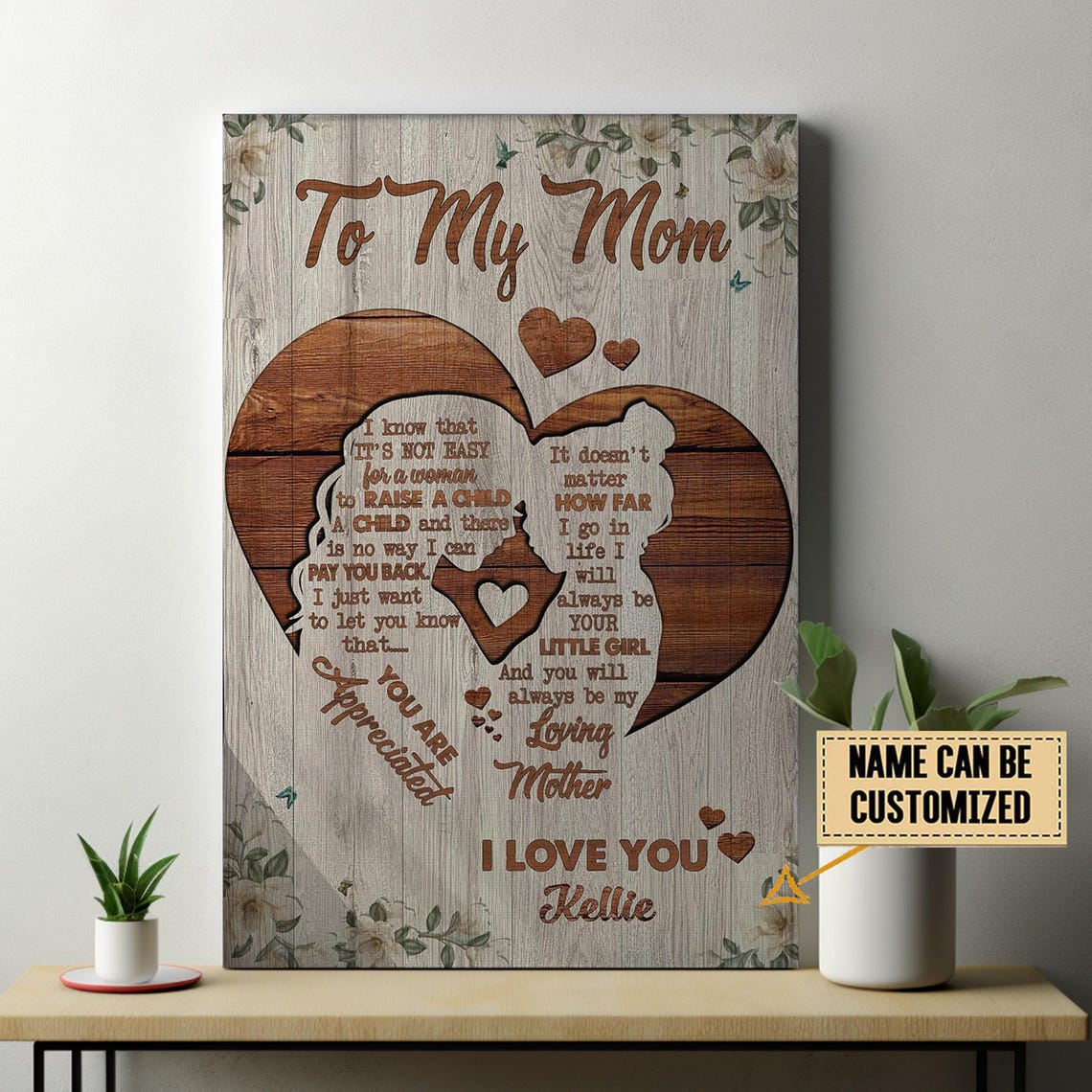 To My Mom Personalized Wooden Heart Mom And Daughter Silhouette Poster - Image 2