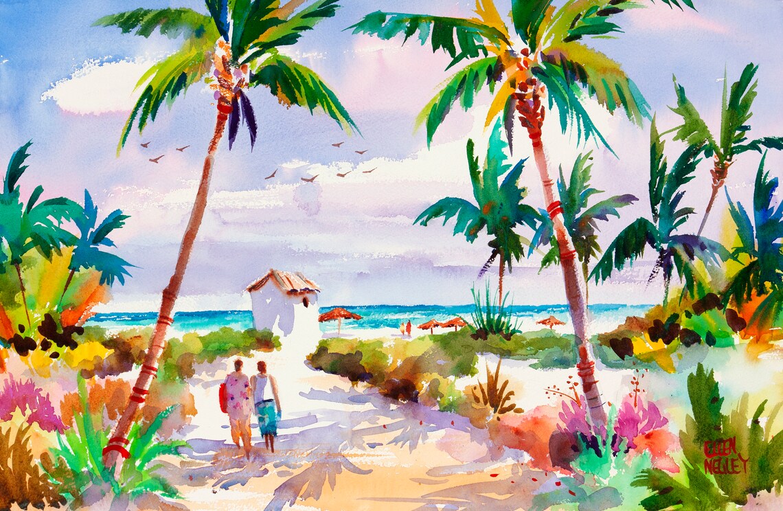 Tulum Beach Watercolor Art Print, Mexico Beach