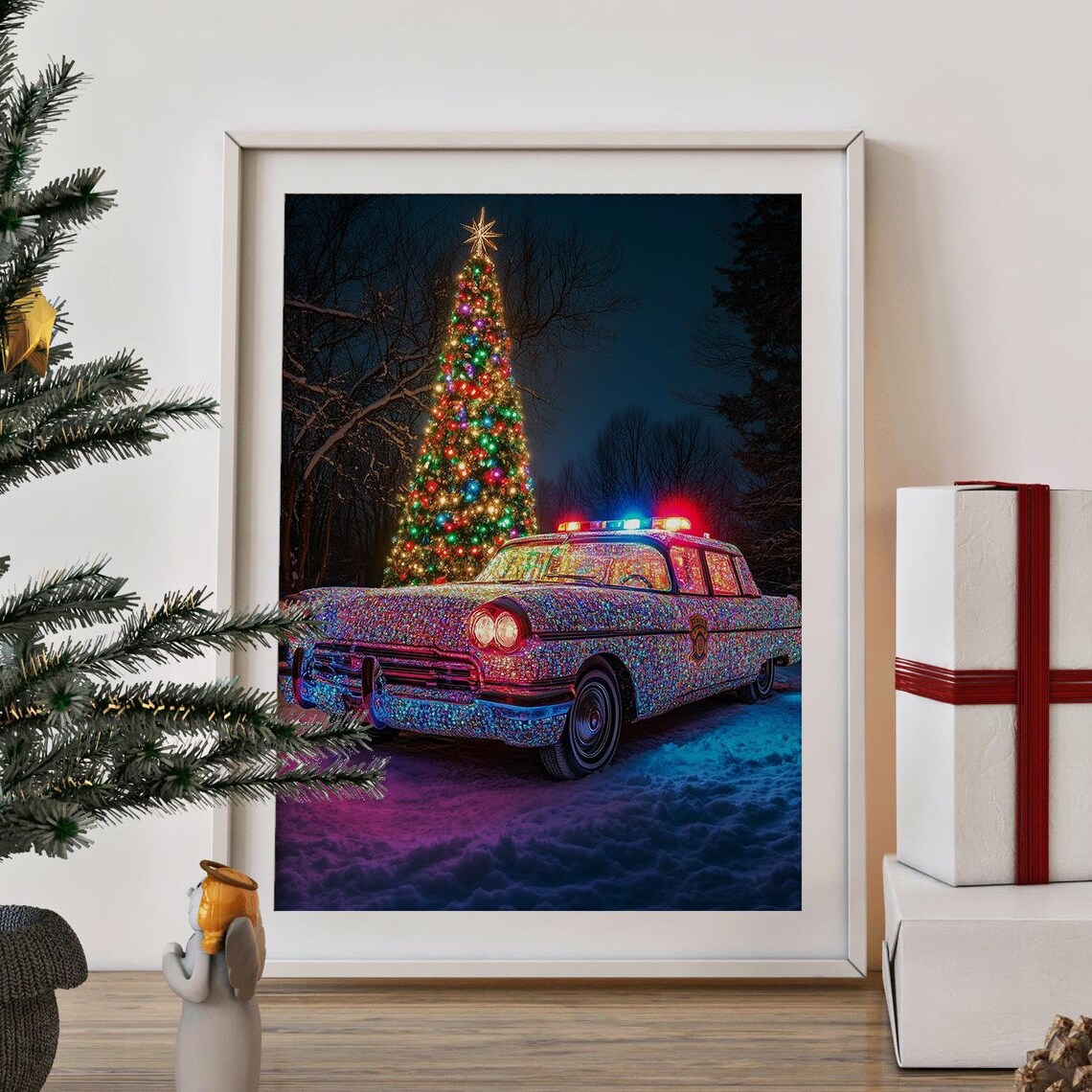 Vintage Christmas Police Car Lights Tree Snowy Night Wall Art - Image 2