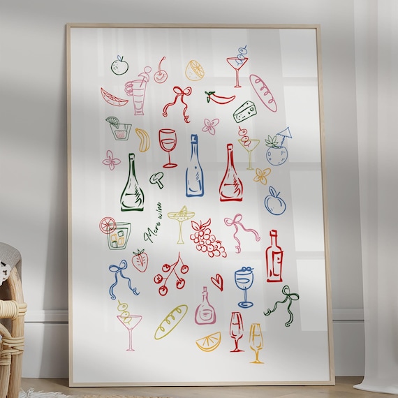 Colorful Wine And Cocktail Doodle Party Illustration Wall Poster