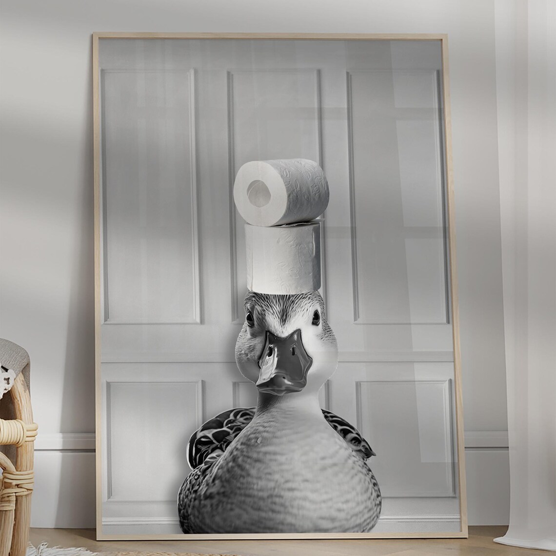 Funny Duck Balancing Toilet Paper Rolls Bathroom Humor Poster