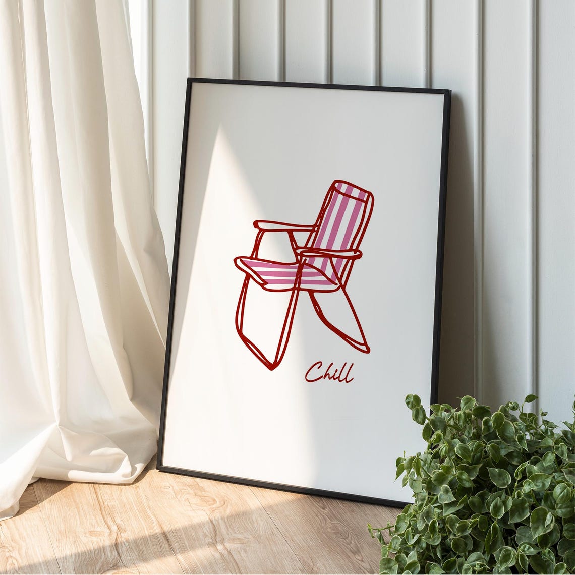 Cute Chill Beach Chair Pink Line Drawing Minimalist Summer Print