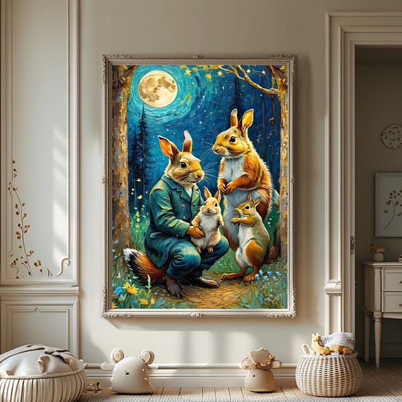 Easter Bunny Family Wall Art Farmhouse Decor Nursery Animal Print Watercolor Night Scene Forest Fairytale Poster