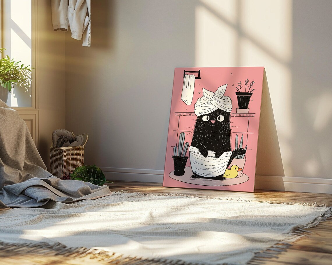 Black Cat in Towel Turban Spa Day Rubber Duck Bathroom Poster - Image 2