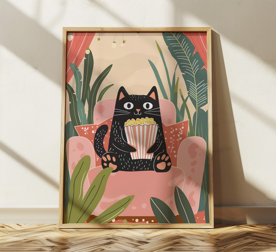 Black Cat Movie Night Popcorn on Pink Couch With Plants Poster