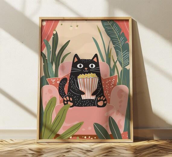 Black Cat Movie Night Popcorn on Pink Couch With Plants Poster