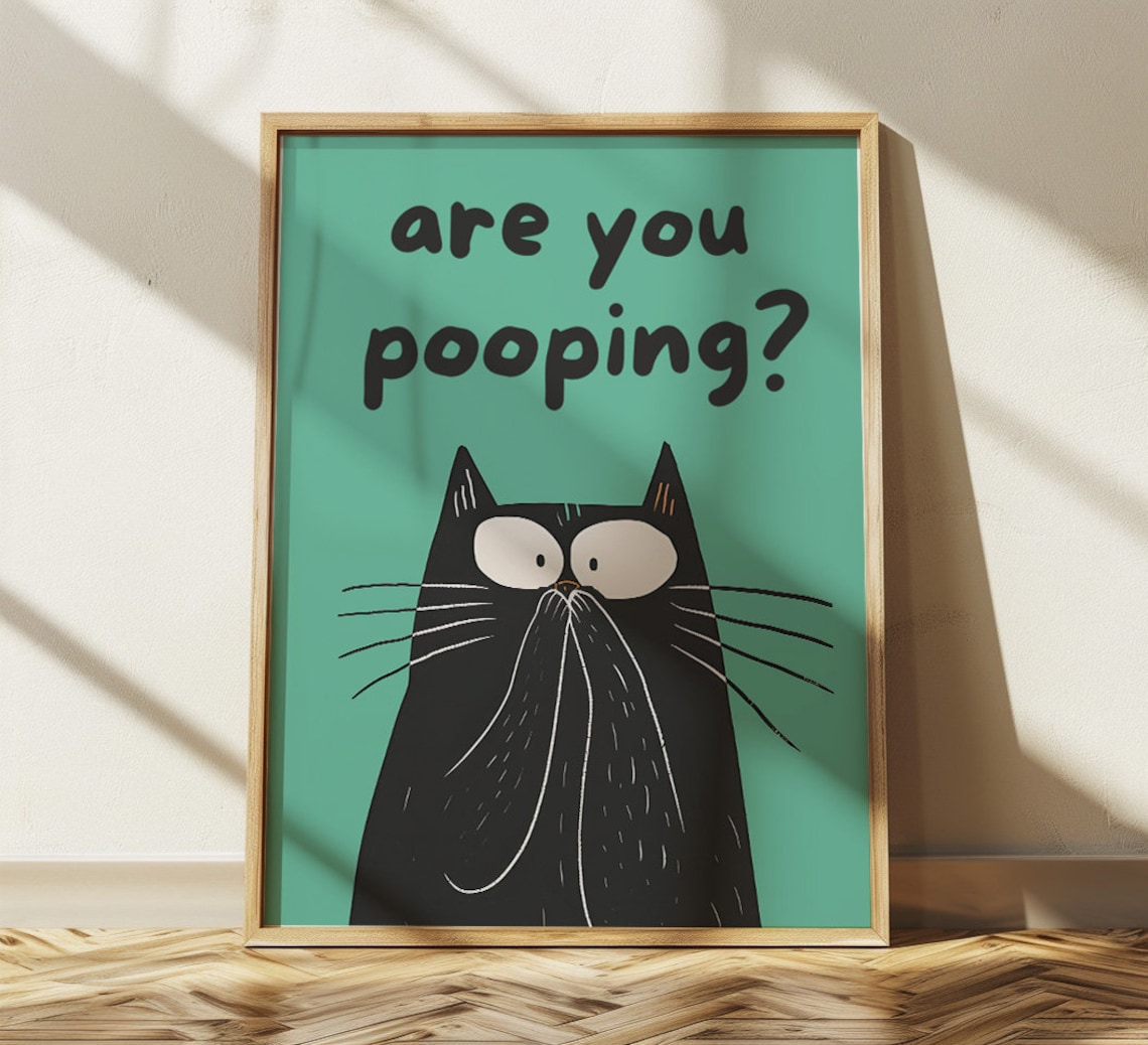 Are You Pooping Funny Black Cat Wide Eyes Teal Quote Art Poster