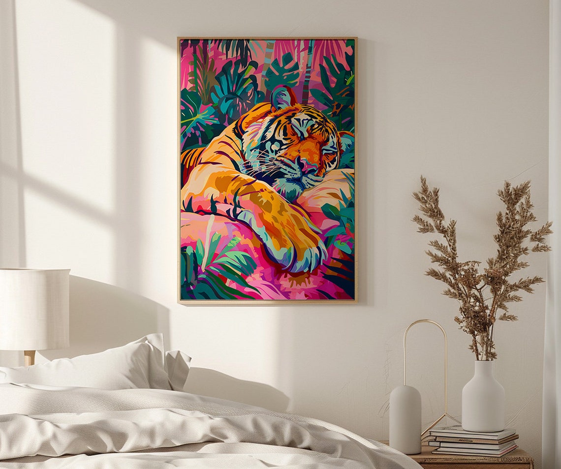 Sleeping Tiger Colorful Pop Art Jungle Leaves Bedroom Poster - Image 2