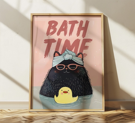 Bath Time Fluffy Black Cat With Towel Turban Rubber Duck Poster
