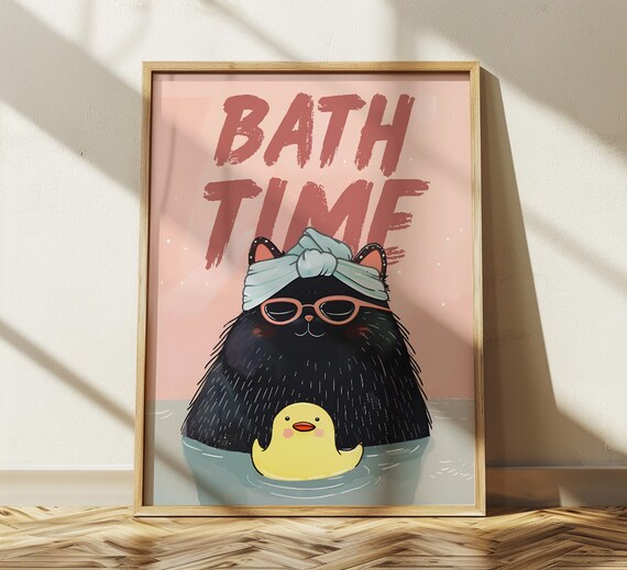 Bathroom Black Cat Bath Time Print For Toilet Wall Art Vintage Cute Fat Cat And Rubber Duck Maximalist Print Bathroom Decor Funny Poster