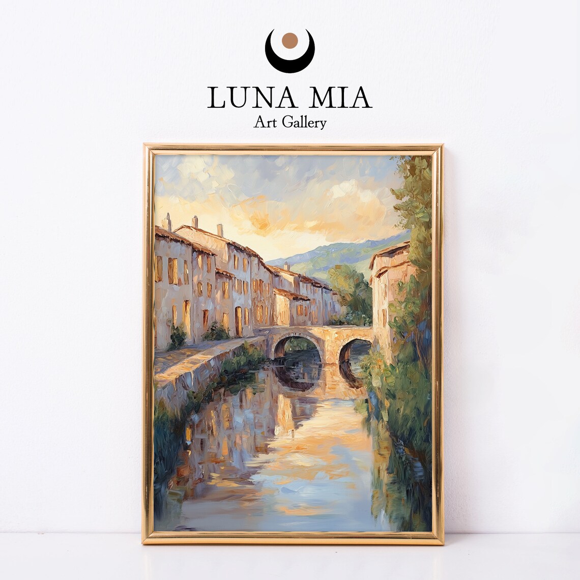 Charming European Village Canal Stone Bridge Golden Hour Poster
