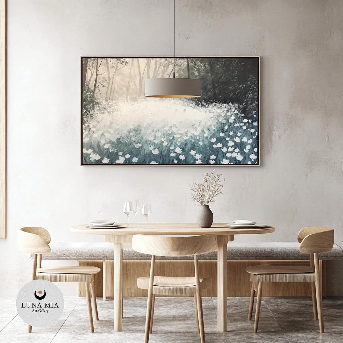 White Flower Field In A Misty Forest Clearing Serene Nature Poster - Image 3